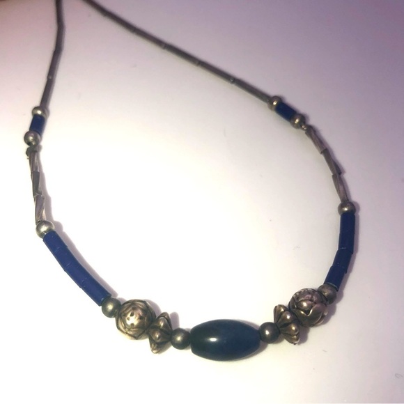 VTG Sterling Lapis Lazuli Heishi Tube Bead Liquid Silver Necklace 14” - Picture 6 of 8